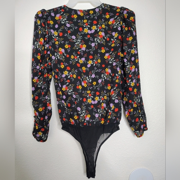 Astr Black Bernadette Style Floral Print Long Sleeve V-Neck Bodysuit Sz S Boho - Picture 15 of 15